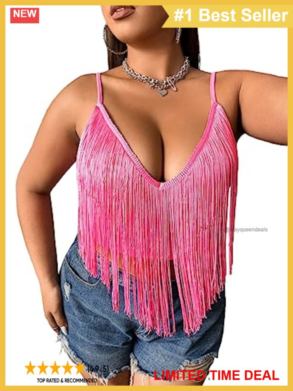 Plus Size V Neck Fringe Trim Spaghetti Strap Crop Cami Top
